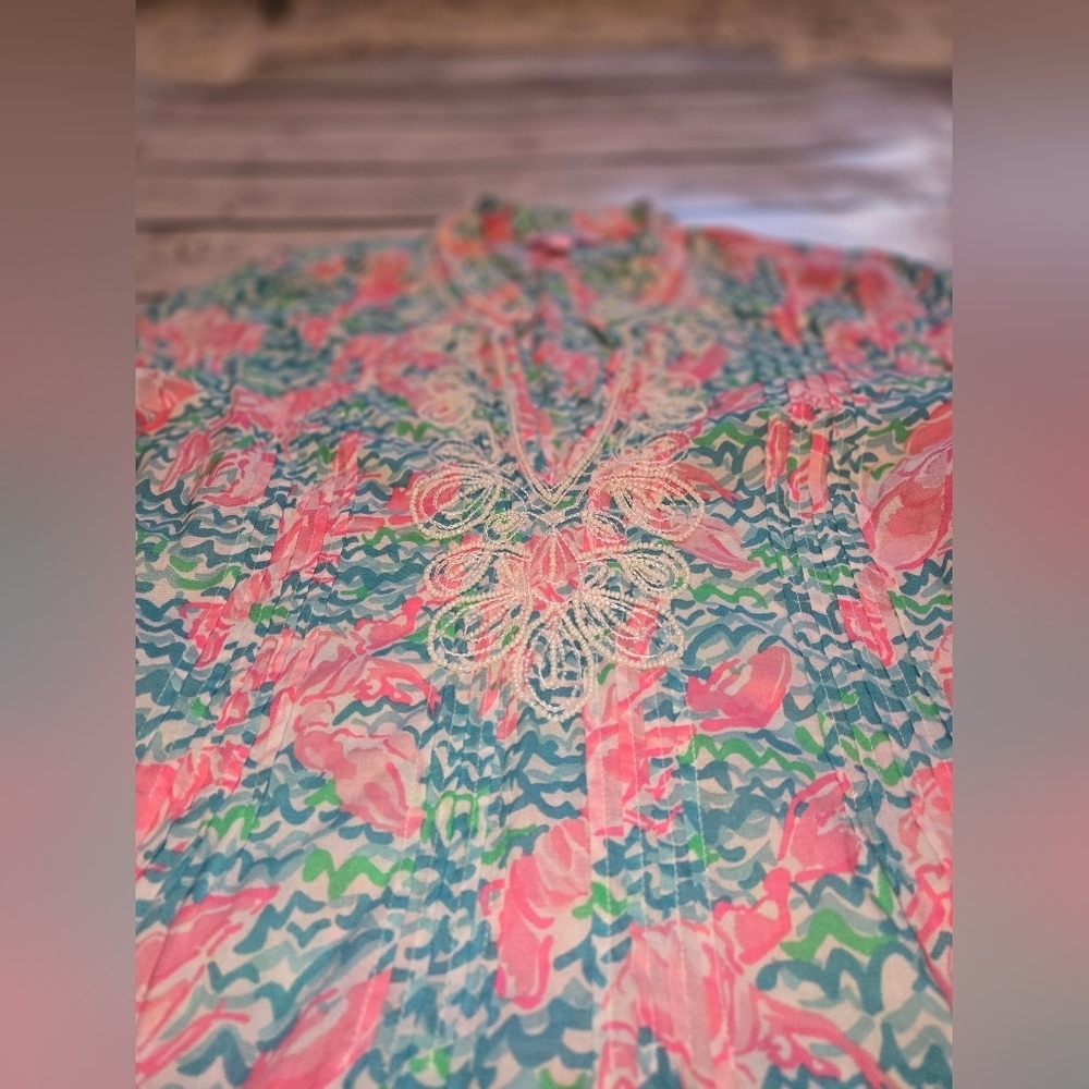 Lily Pulitzer Sarasota Beaded Tunic Blouse in Lobstah Roll Size XS - Picture 4 of 7